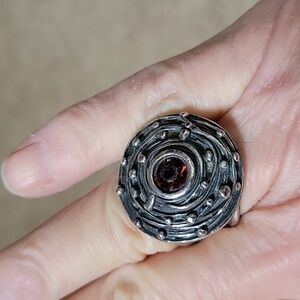 Silvertone Ring with Red Glass size 7.75